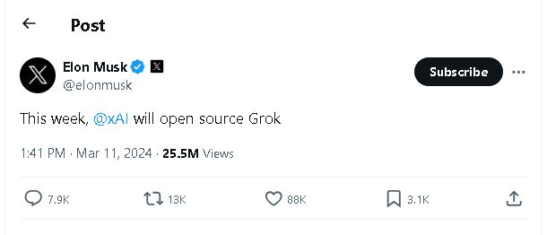 Elon Musk Announces Open-Source Release of AI Model "Grok"